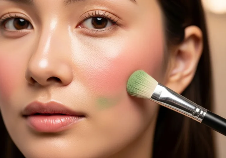 Zbliżenie na twarz kobiety z różową cerą i zielonym korektorem nakładanym pędzlem.