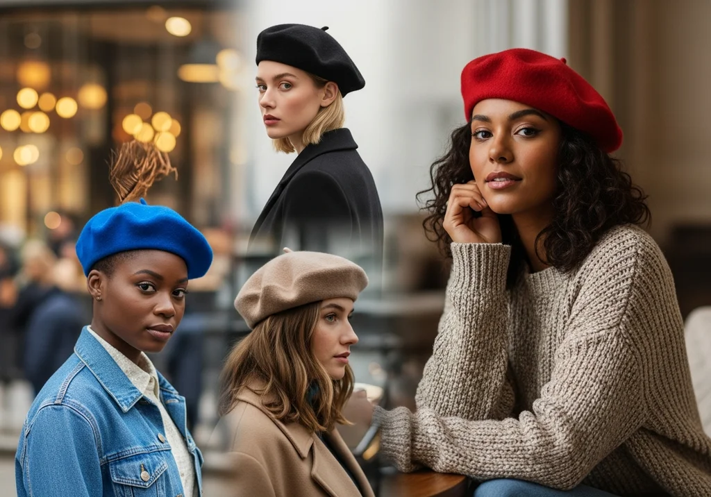 Cztery kobiety w beretach w różnych kolorach: czerwonym, czarnym, beżowym i niebieskim.