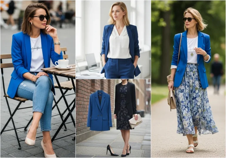 Kobieta w niebieskiej marynarce na różne okazje: casual, elegancka i biznesowa.