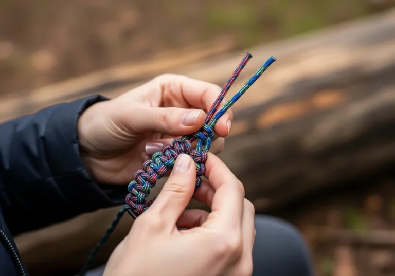 Ręce splatają wielokolorową bransoletę survivalową z linki paracord.