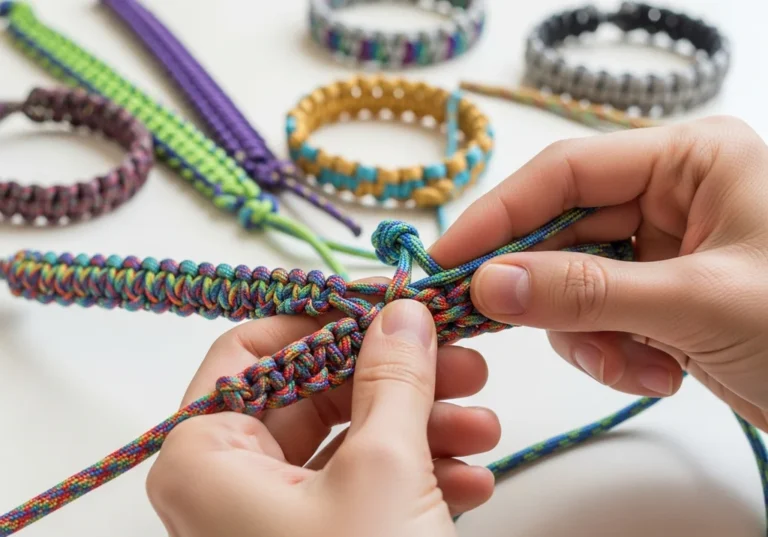 Dłonie splatają wielokolorową bransoletkę z paracordu, obok inne gotowe bransoletki.