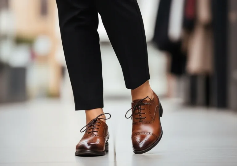 Kobieta w czarnych spodniach i brązowych oksfordkach, stylizacja do analizy.