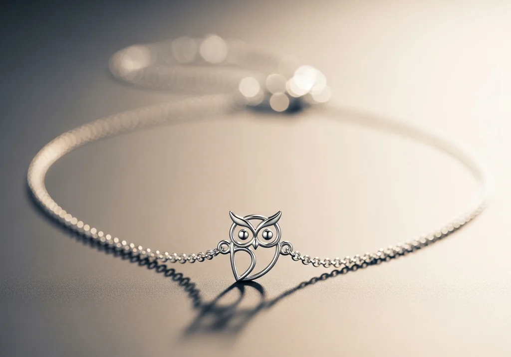 Srebrna bransoletka z zawieszką w kształcie stylizowanej sowy.