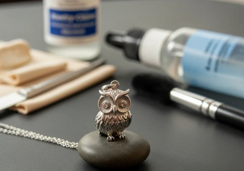 Srebrny wisiorek w kształcie sowy na kamyku, obok narzędzi i kosmetyków.