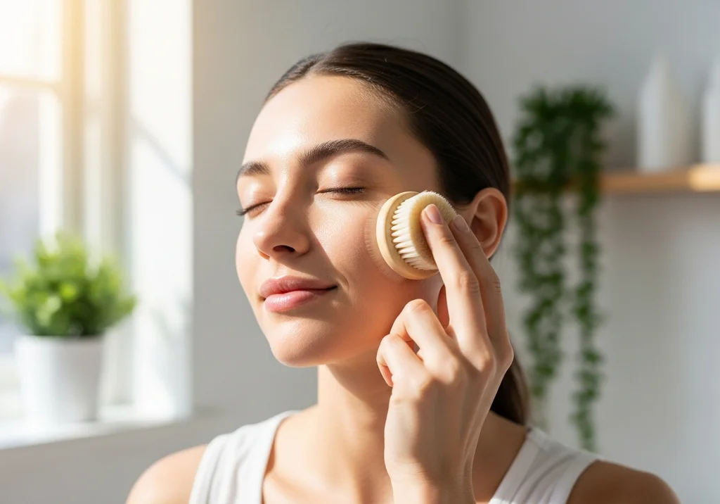 Kobieta z zamkniętymi oczami delikatnie szczotkuje twarz na sucho małą, okrągłą szczoteczką.