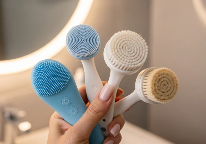Dłoń trzyma cztery szczoteczki do czyszczenia twarzy: jedną silikonową niebieską i trzy z włosiem.
