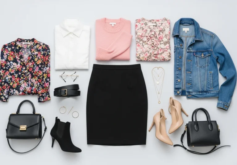 Zestaw ubrań i dodatków do czarnej spódnicy: bluzki, sweter, marynarka, torebki, buty, biżuteria i okulary.
