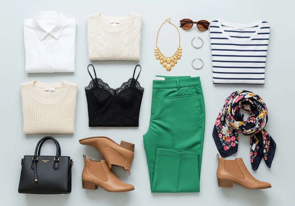 Stylizacja z zielonymi spodniami: biała koszula, czarny top, swetry, brązowe botki, torebka, biżuteria i chusta.