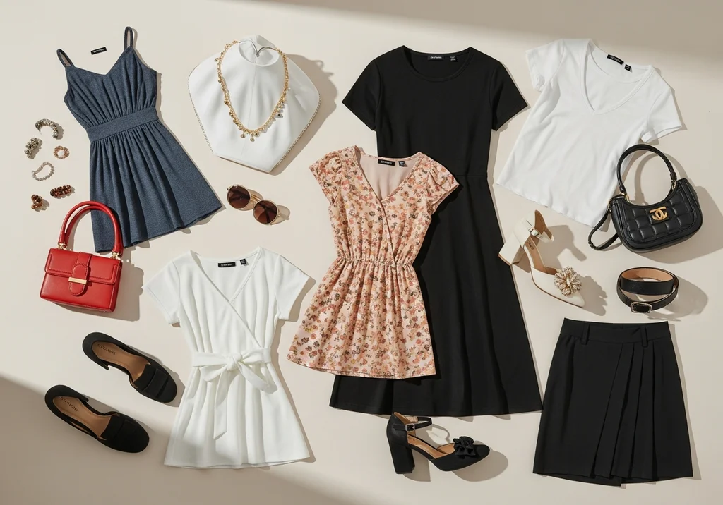 Kolekcja ubrań i akcesoriów z Shein: sukienki, bluzki, spódnica, torebki i buty.