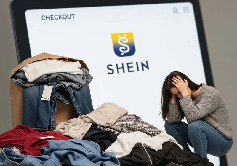 Kobieta w rozpaczy przy stercie ubrań i torbie zakupowej na tle ekranu z logo Shein.