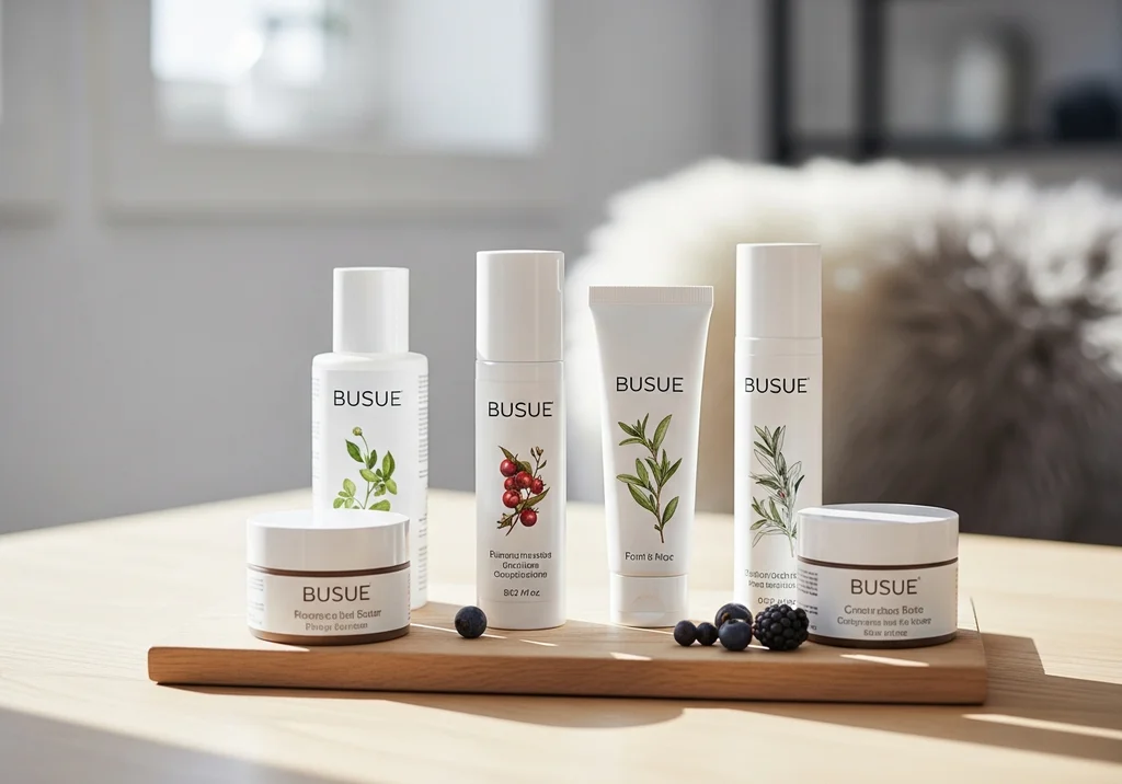 Zestaw kosmetyków marki BUSUE z jagodami i roślinami na drewnianej desce.