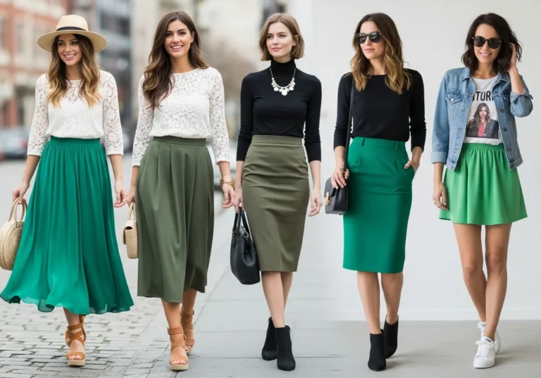 Pięć kobiet w zielonych spódnicach i dopasowanych górach: kompletne stylizacje.