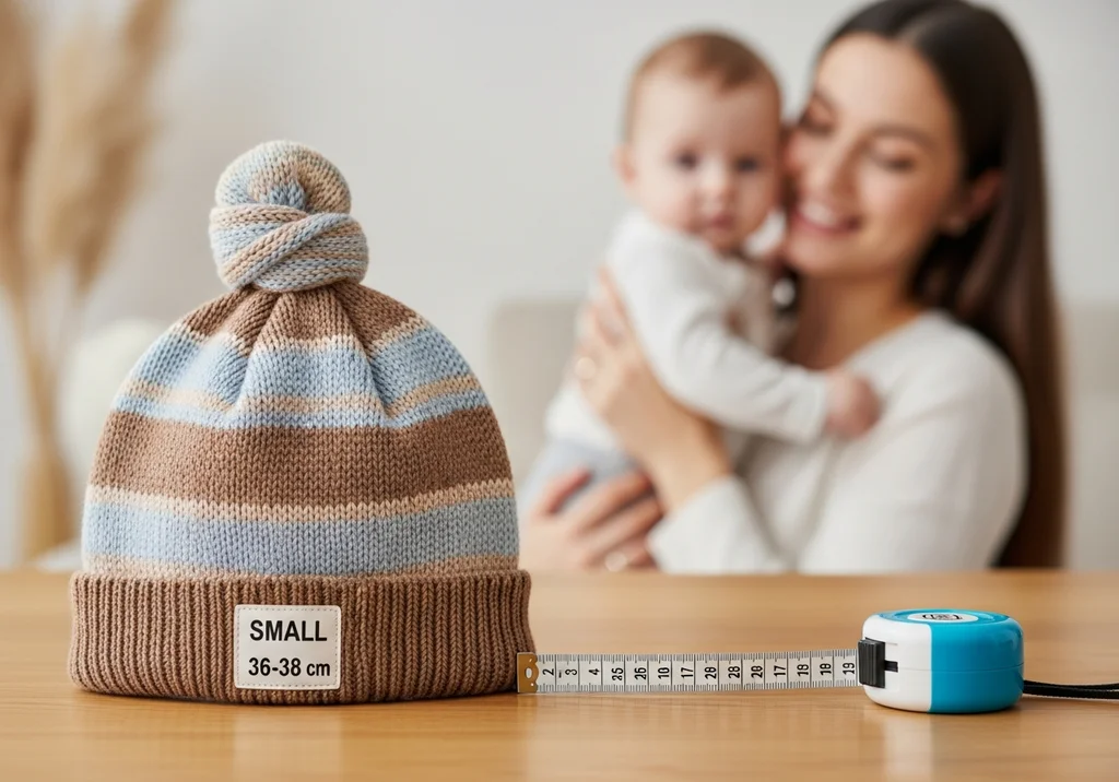 Czapka dziecięca rozmiar 36-38 cm i matka z dzieckiem w tle.