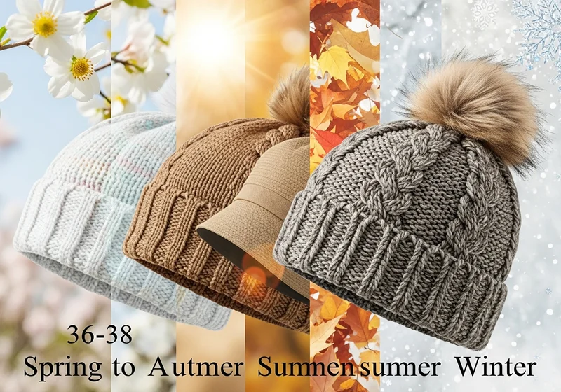 Czapki z pomponami w różnych kolorach i fakturach, ilustrujące zmienność pór roku: wiosna, lato, jesień, zima.