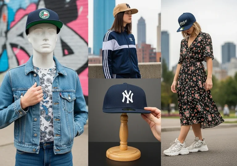 Czapki snapback: biały manekin, kobieta w bluzie i sukience w kwiaty, czapka New York Yankees.