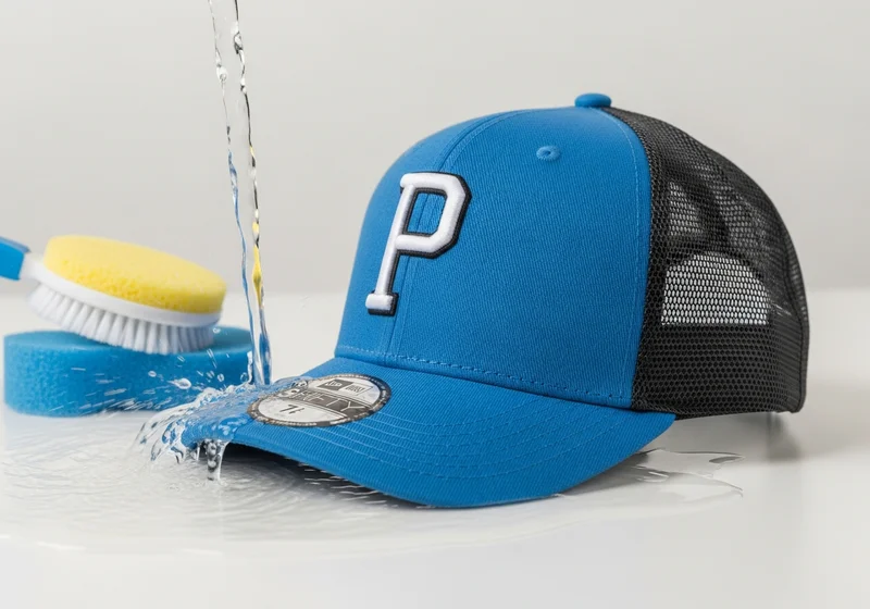 Niebieska czapka snapback z czarną siateczką i literą