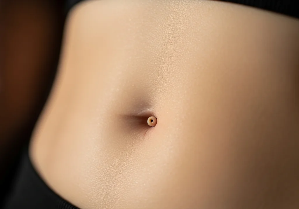 Zbliżenie na pępek kobiety z kolczykiem, ilustrujące pytanie o zarastanie dziurki.