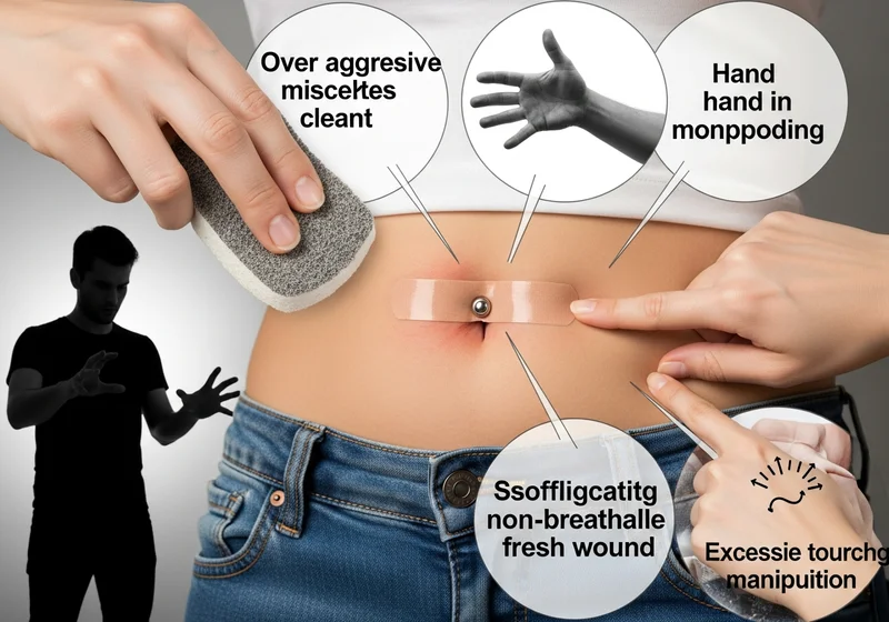 Agresywne czyszczenie pępka, niehigieniczne ręce, ucisk odzieży i dotykanie świeżej ranki utrudniają gojenie.