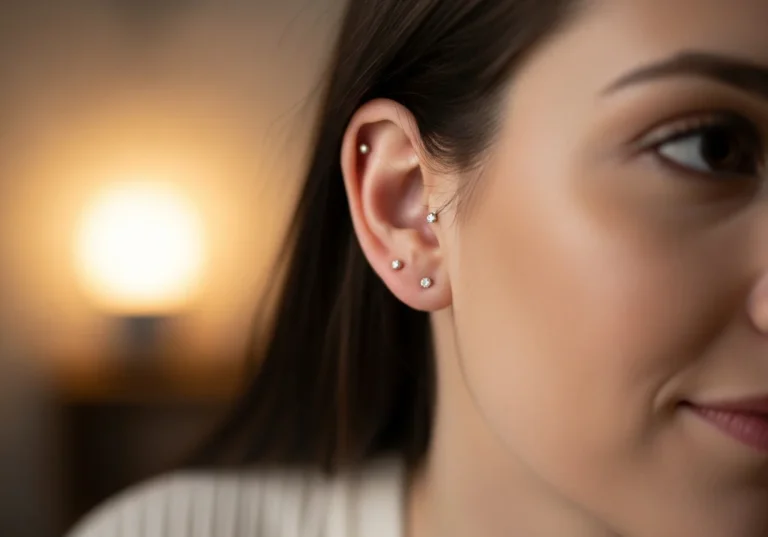 Zbliżenie na kobiece ucho z kilkoma błyszczącymi kolczykami w chrząstce.