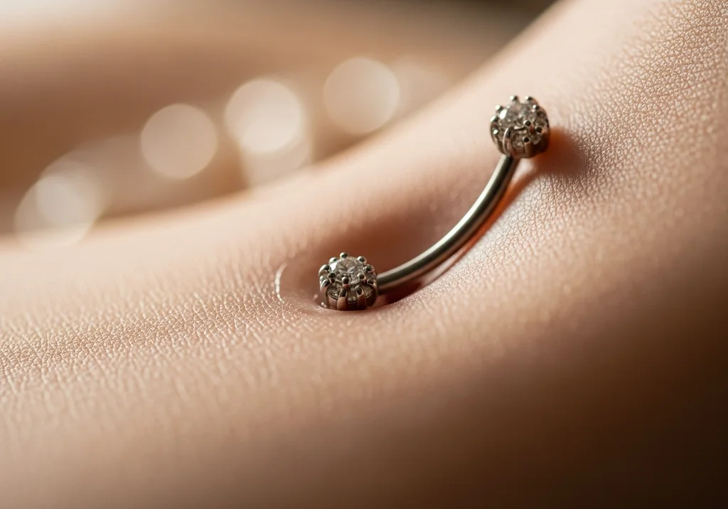 Kolczyk w pępku z dwoma błyszczącymi kamieniami na tle skóry.