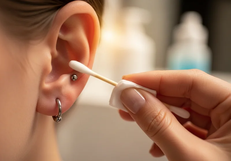 Zbliżenie ucha z kolczykiem w chrząstce, które jest czyszczone patyczkiem higienicznym.