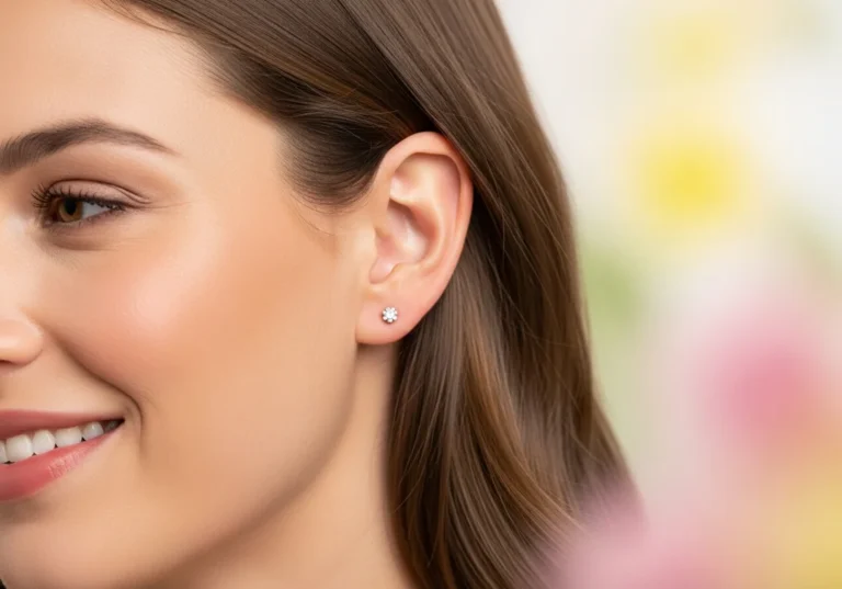 Zbliżenie na twarz kobiety z małym kolczykiem w kształcie kwiatka w uchu.