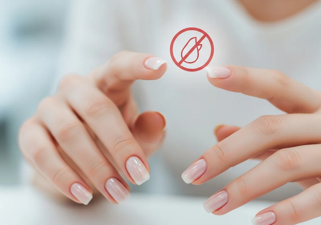Dłonie z hybrydą w neutralnych kolorach i symbol zakazu uczulania.