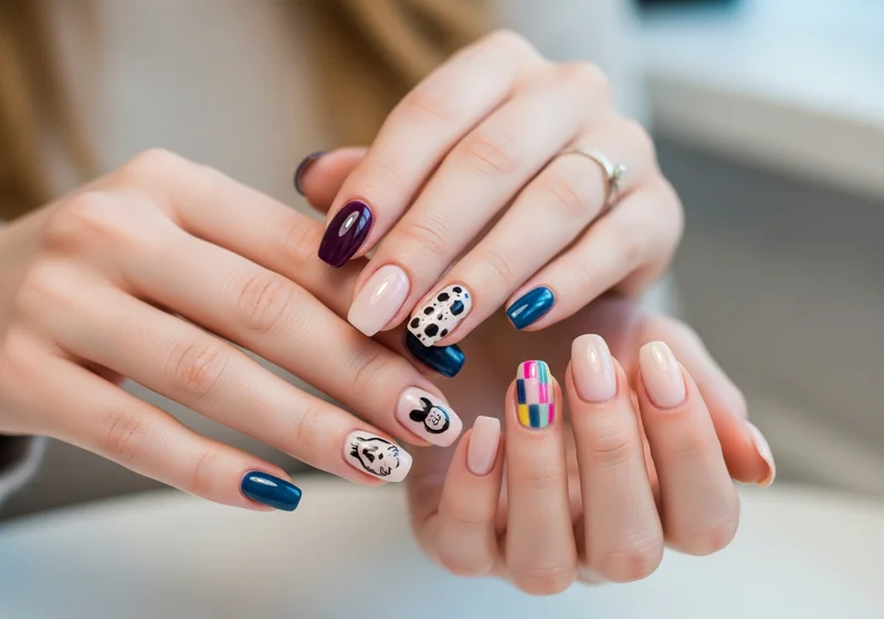 Paznokcie z różnymi wzorami: kropki, myszka Miki, kolorowa kratka i jednolity lakier.