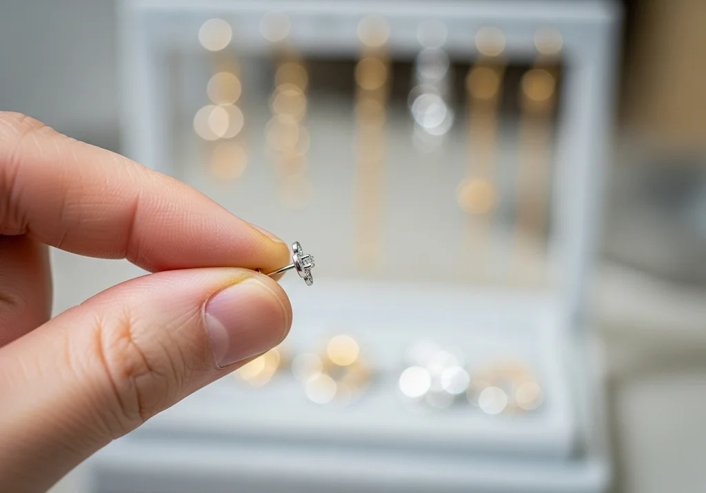 Dłoń trzyma srebrny kolczyk w kształcie kwiatuszka z cyrkoniami, z wyeksponowanymi błyszczącymi elementami w tle.