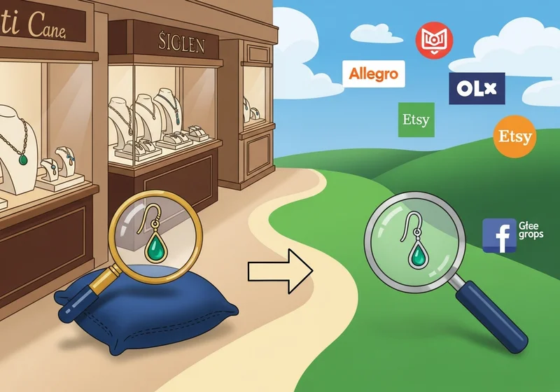 Ilustracja pokazuje porównanie poszukiwania pojedynczego kolczyka w salonie jubilerskim i w internecie.