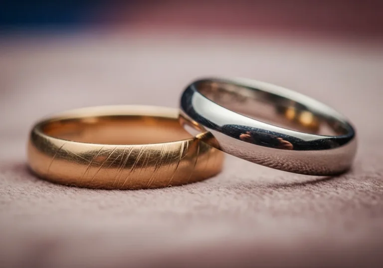 Dwie obrączki, jedna złota z wyraźnymi zarysowaniami, druga srebrna, błyszcząca.