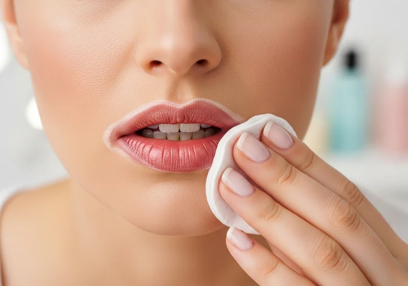 Kobieta zmywa makijaż ust wacikiem.