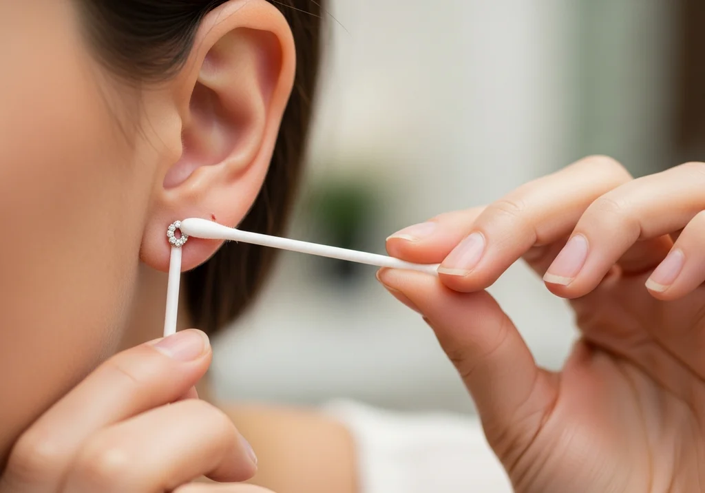 Zbliżenie na ucho kobiety z błyszczącym kolczykiem, czyszczone patyczkiem higienicznym.