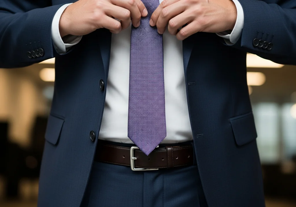 Zbliżenie na krawat, koszulę i marynarkę.