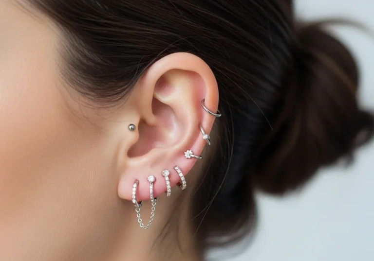 Ucho ozdobione wieloma srebrnymi kolczykami z cyrkoniami i zawieszkami.