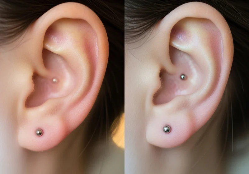 Ucho z przekłuciem w płatku i w chrząstce.