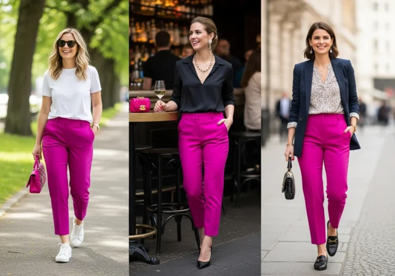 Trzy kobiety w stylizacjach z fuksjowymi spodniami.