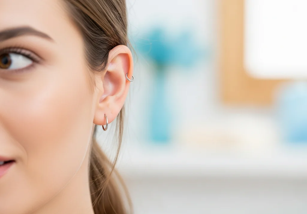 Zbliżenie na ucho kobiety z kolczykiem w helisie i w płatku ucha.