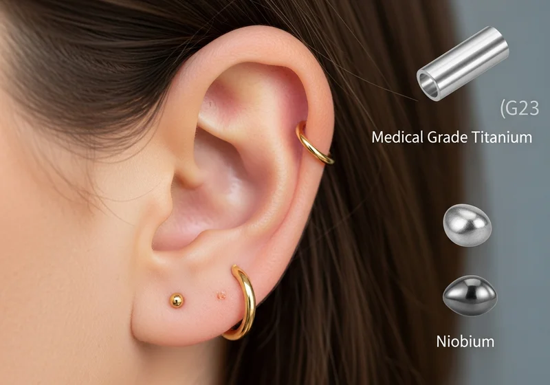 Kolczyki z tytanu medycznego G23 i niobu, dedykowane do przekłuć ucha.