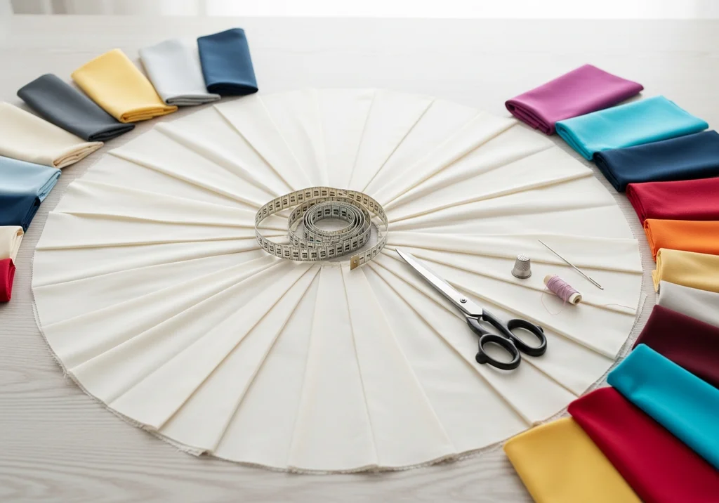 Materiały i akcesoria do szycia spódnicy z koła: tkaniny, nożyczki, miarka, naparstek, igła i nić.