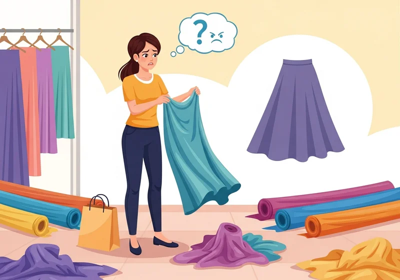 Kobieta w sklepie z tkaninami trzyma niebieski materiał, wygląda na sfrustrowaną.