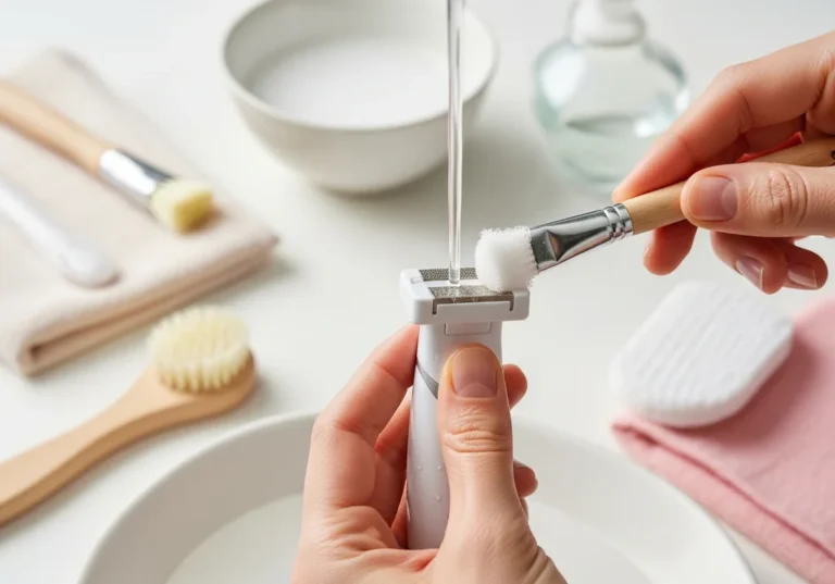 Ręce czyszczą głowicę mikrodermabrazji pod strumieniem wody małym pędzelkiem.