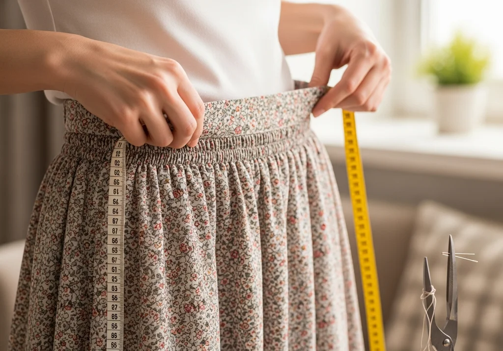 Dłonie mierzą obwód w pasie kwiecistej spódnicy metrem krawieckim.