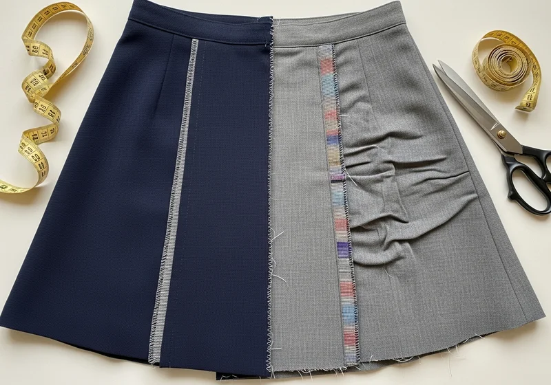 Dwukolorowa spódnica z ozdobnym szwem i marszczeniami, taśma miernicza i nożyczki.