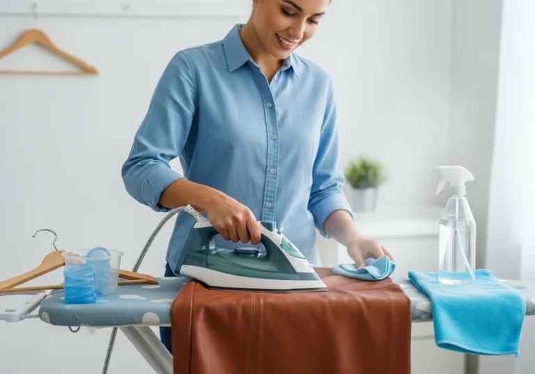 Kobieta prasuje brązową, skórzaną spódnicę na desce do prasowania.