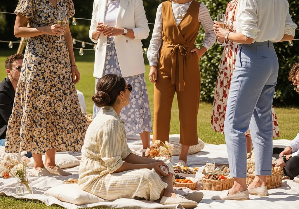 Ludzie na pikniku firmowym, pijący wino i delektujący się jedzeniem na kocu.