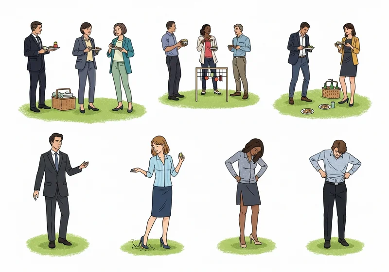 Ludzie na pikniku firmowym popełniają błędy stylistyczne.