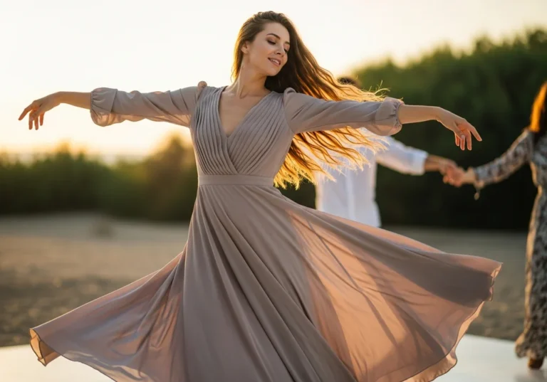Kobieta w zwiewnej sukience wiruje w tańcu, unosząc dłonie.