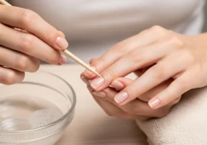 Kobieta drewnianym patyczkiem odsuwa skórki przy paznokciach, w miseczce z wodą.