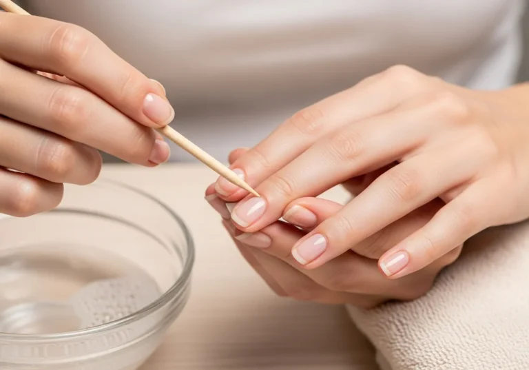 Kobieta drewnianym patyczkiem odsuwa skórki przy paznokciach, w miseczce z wodą.